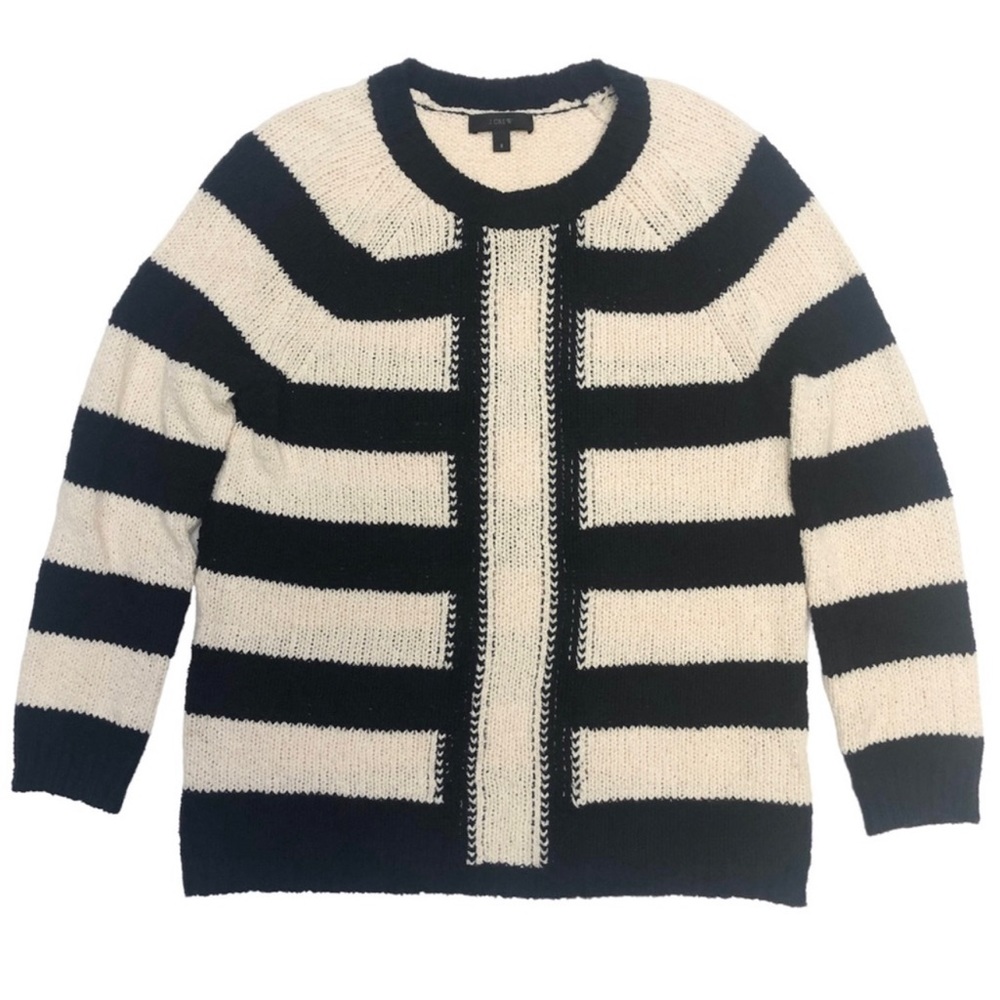 J Crew Women’s Striped Navy Ivory Linen Blend Pullover Sweater | L